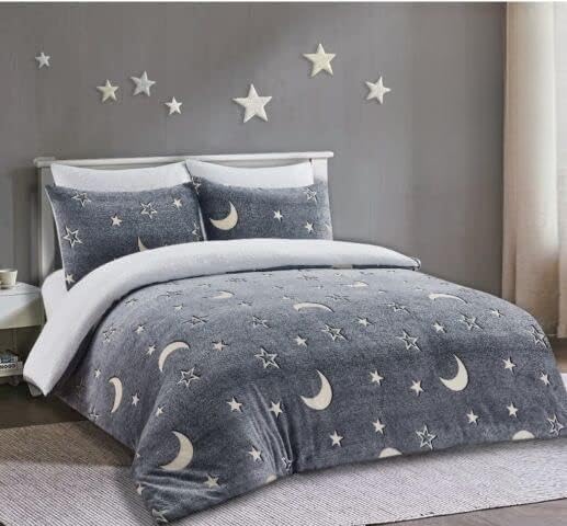 Teddy Duvet Set Moon & Stars Glow In The Dark Grey Kids Boys Girls Reversible Soft Feel Fleece Duvet Cover Quilt Bedding Set with Pillowcase