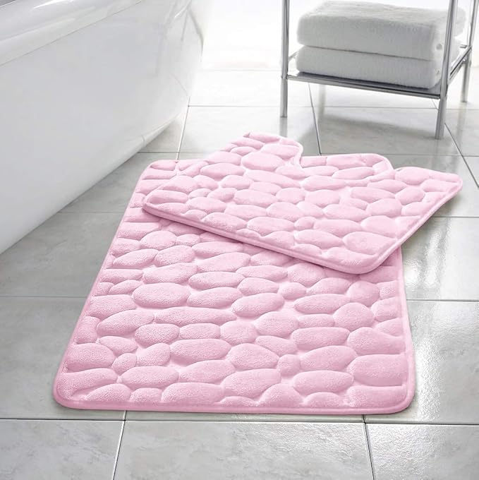 Stone Pebbles Bath Mat Set Non Slip Pedestal Set Extra Absorbent 100% Memory Foam Bathroom Toilet Mat Rug Set