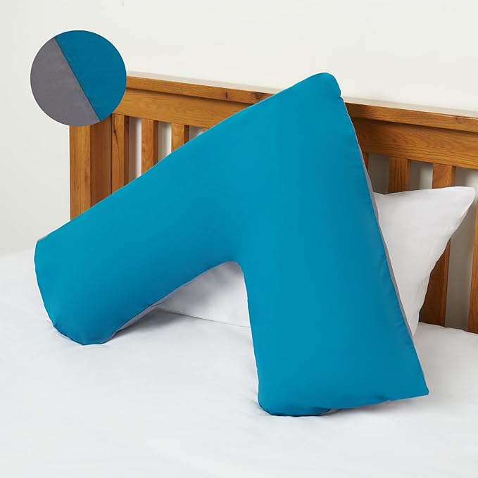 Orthopaedic V-Shaped Pillow With 2 Tone Reversible Pillowcase Extra Cushioning Support For Head, Neck & Back