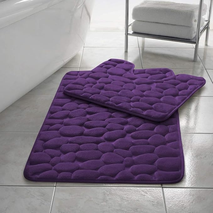 Stone Pebbles Bath Mat Set Non Slip Pedestal Set Extra Absorbent 100% Memory Foam Bathroom Toilet Mat Rug Set