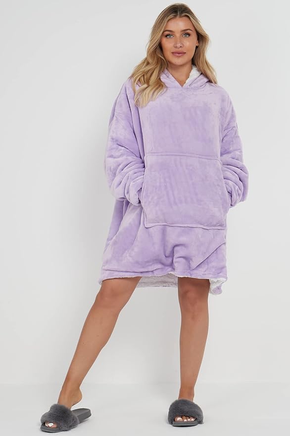 Oversized Wearable Blanket Hoodie Teddy Fleece Fluffy Sherpa Hooded Sweatshirt Blanket with Pocket for Men & Women