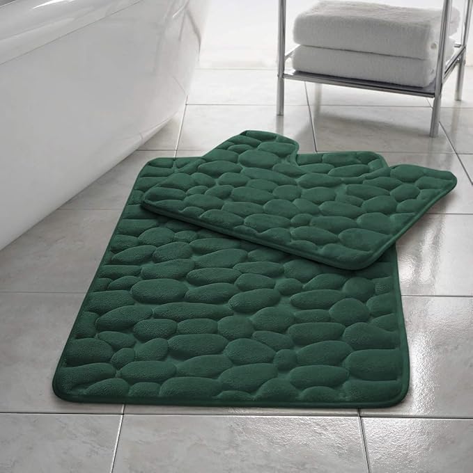 Stone Pebbles Bath Mat Set Non Slip Pedestal Set Extra Absorbent 100% Memory Foam Bathroom Toilet Mat Rug Set
