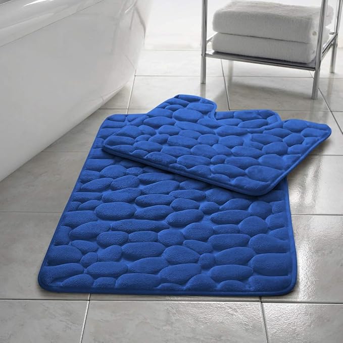 Stone Pebbles Bath Mat Set Non Slip Pedestal Set Extra Absorbent 100% Memory Foam Bathroom Toilet Mat Rug Set