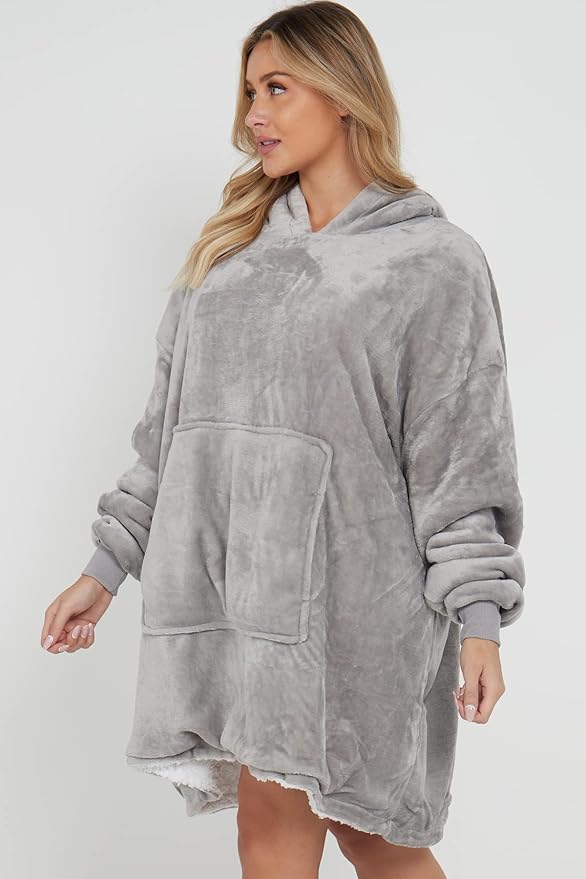 Oversized Wearable Blanket Hoodie Teddy Fleece Fluffy Sherpa Hooded Sweatshirt Blanket with Pocket for Men & Women