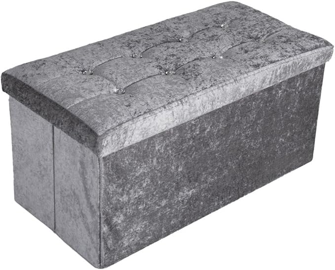 Crushed Velvet Diamante Ottoman Pouffe Seat Stool Footstool Storage Unit Bench Foldable Storage Box
