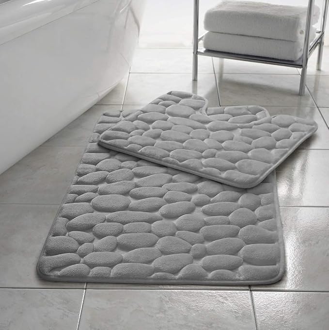 Stone Pebbles Bath Mat Set Non Slip Pedestal Set Extra Absorbent 100% Memory Foam Bathroom Toilet Mat Rug Set