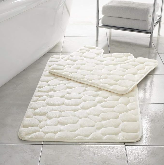 Stone Pebbles Bath Mat Set Non Slip Pedestal Set Extra Absorbent 100% Memory Foam Bathroom Toilet Mat Rug Set
