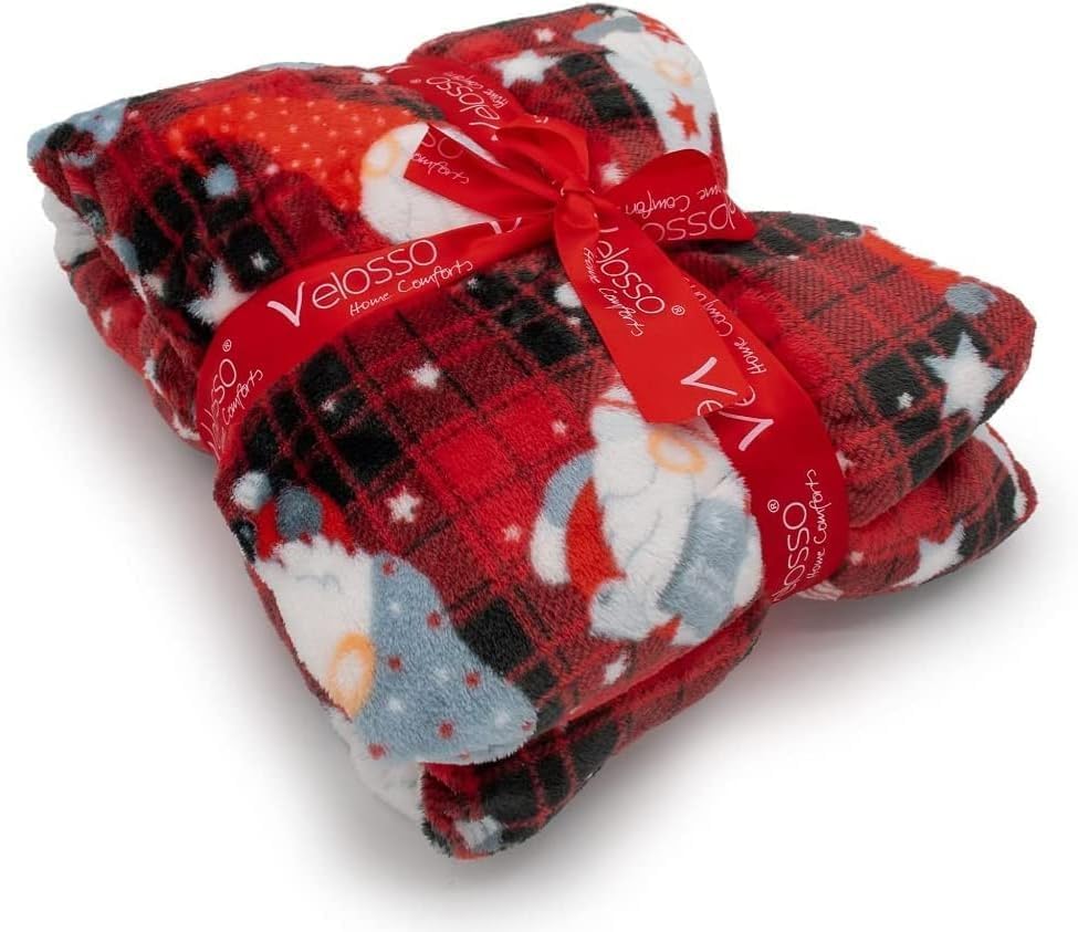 Gonk Tartan Check Teddy Fleece Blanket For Kids and Adults Soft & Warm Christmas Holiday Festive Season Throw Blanket (127cm X 152cm)