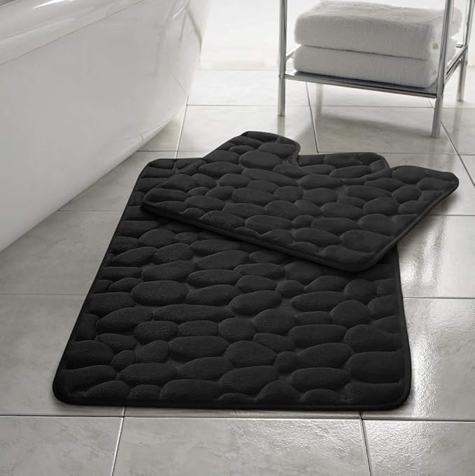Stone Pebbles Bath Mat Set Non Slip Pedestal Set Extra Absorbent 100% Memory Foam Bathroom Toilet Mat Rug Set