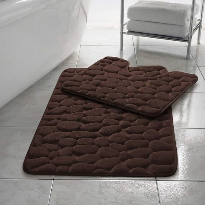 Stone Pebbles Bath Mat Set Non Slip Pedestal Set Extra Absorbent 100% Memory Foam Bathroom Toilet Mat Rug Set