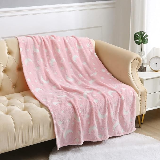 Glow In The Dark Fleece Blanket Throw with Moons and Stars Pattern Super Soft Blanket for All Seasons (Stars Pink, 100 x 150cm)