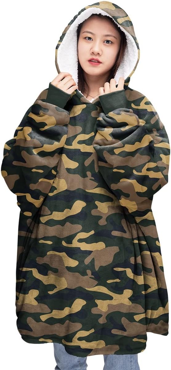 Oversized Wearable Blanket Hoodie Teddy Fleece Fluffy Sherpa Printed Hooded Sweatshirt Blanket Pullover Giant Hooded