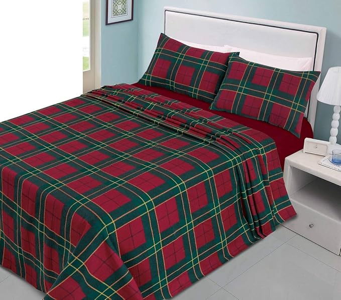 Tartan Checked Sheet Set 100% Brushed Cotton Flannelette Fitted Sheet Flat Sheet & Pillowcases Set