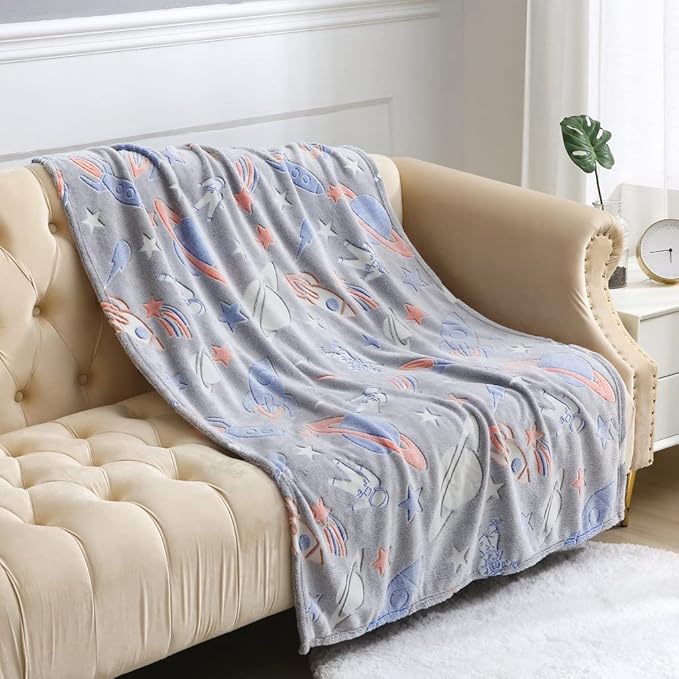 Fleece Blanket for Kids Galaxy Space Glow in the Dark Blanket Fluffy Fleece Throw Blanket (Space, 100 x 150cm)