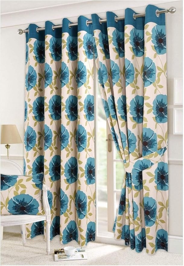Isla Poppy and Serene Floral Pattern Luxury Curtain Pairs Fully Lined Eyelet Top Curtains With Matching Tie Backs