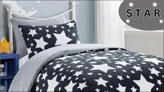 Teddy Star Fleece Duvet Cover Set Soft Cosy Warm Kids Star Teddy Bear Bedding Set
