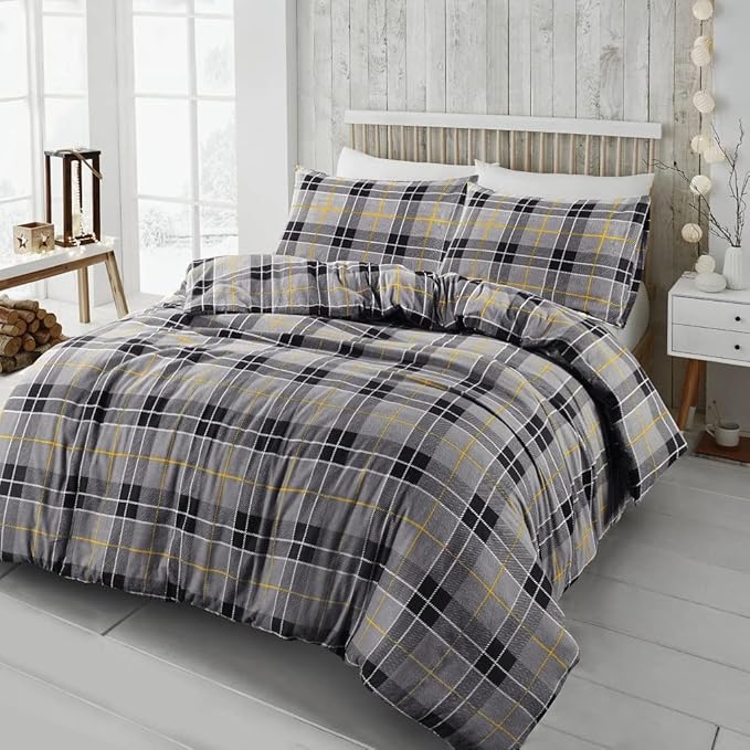 Tartan Check Flannelette Thermal 100% Brushed Cotton Duvet Cover with Matching Pillowcase cover Warm Cosy Bedding Set