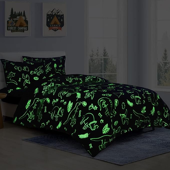 Teddy Duvet Set Dinosaur Glow In The Dark Blue Kids Boys Girls Reversible Soft Feel Fleece Duvet Cover Quilt Bedding Set with Pillowcase