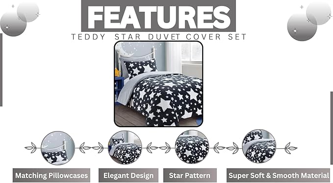 Teddy Star Fleece Duvet Cover Set Soft Cosy Warm Kids Star Teddy Bear Bedding Set