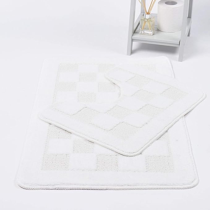 Squares 2 Piece Bath Mat & Pedestal Set Non Slip Extra Absorbent Square Bathroom Toilet Rug Bath Mats Set