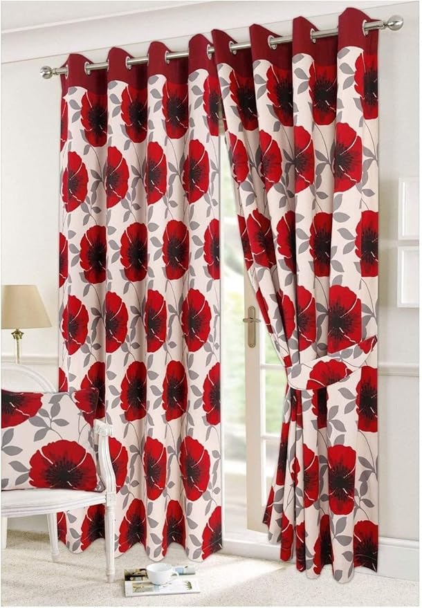Isla Poppy and Serene Floral Pattern Luxury Curtain Pairs Fully Lined Eyelet Top Curtains With Matching Tie Backs