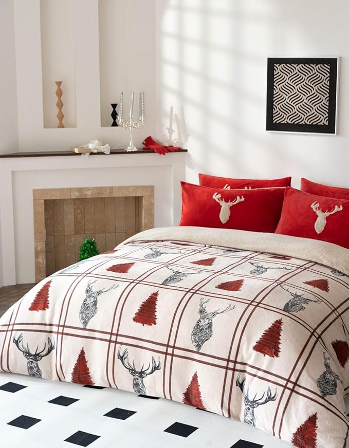 Teddy Bear Fleece Stag Xmas Tree Duvet Cover Set Fluffy Warm Soft Cosy Bedding Set