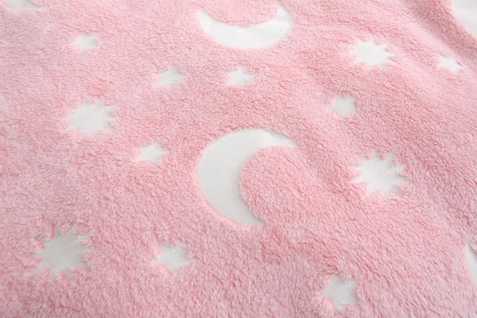 Glow In The Dark Fleece Blanket Throw with Moons and Stars Pattern Super Soft Blanket for All Seasons (Stars Pink, 100 x 150cm)