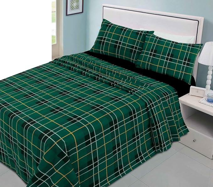 Tartan Checked Sheet Set 100% Brushed Cotton Flannelette Fitted Sheet Flat Sheet & Pillowcases Set