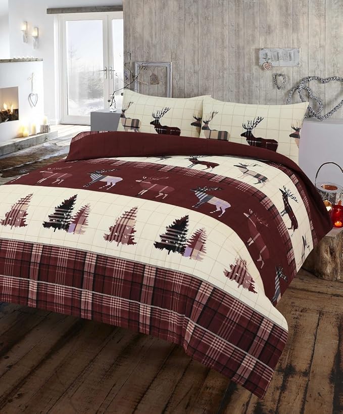 Stag Flannelette 100% Natural Brushed Cotton Luxurious Duvet Cover Sets Reversible Bedding Sets With Matching Pillowcases