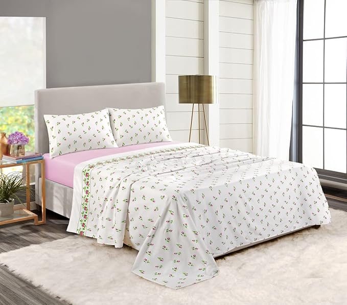 Rosebud Printed Flannelette Thermal Sheet Brushed Cotton Bed Sheet Set