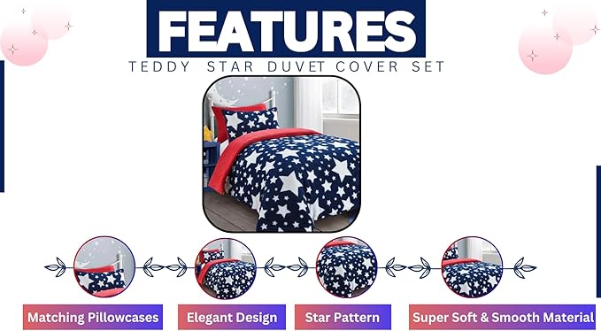 Teddy Star Fleece Duvet Cover Set Soft Cosy Warm Kids Star Teddy Bear Bedding Set