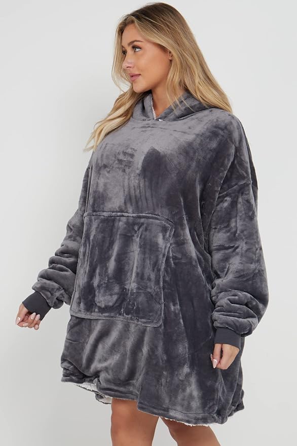 Oversized Wearable Blanket Hoodie Teddy Fleece Fluffy Sherpa Hooded Sweatshirt Blanket with Pocket for Men & Women