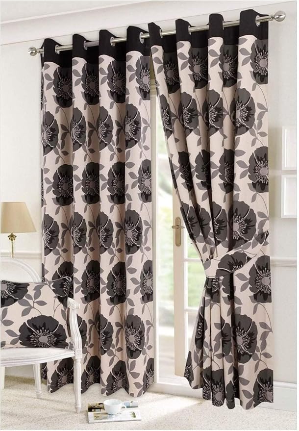 Isla Poppy and Serene Floral Pattern Luxury Curtain Pairs Fully Lined Eyelet Top Curtains With Matching Tie Backs