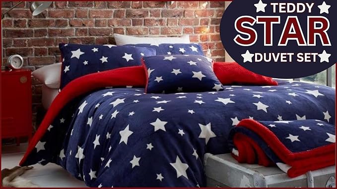 Teddy Star Fleece Duvet Cover Set Soft Cosy Warm Kids Star Teddy Bear Bedding Set