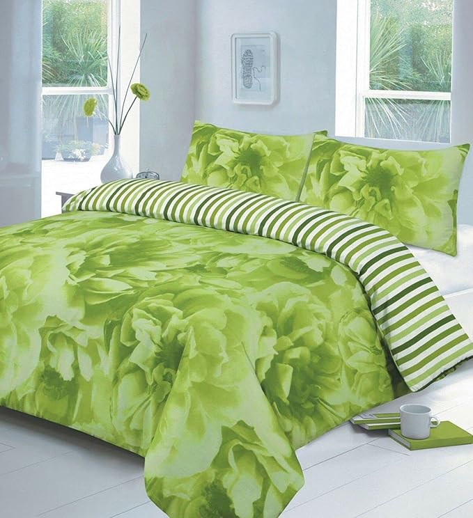 Rose Floral Reversible Stripes Duvet Cover Set Easy Care Printed Bedding Set
