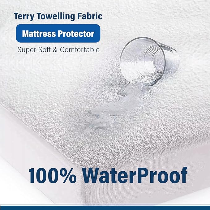 Mattress Protector Terry Towelling 100% Cotton Waterproof Mattress Protector Non- Allergenic & Breathable Super Absorbent Deep Mattress Protector