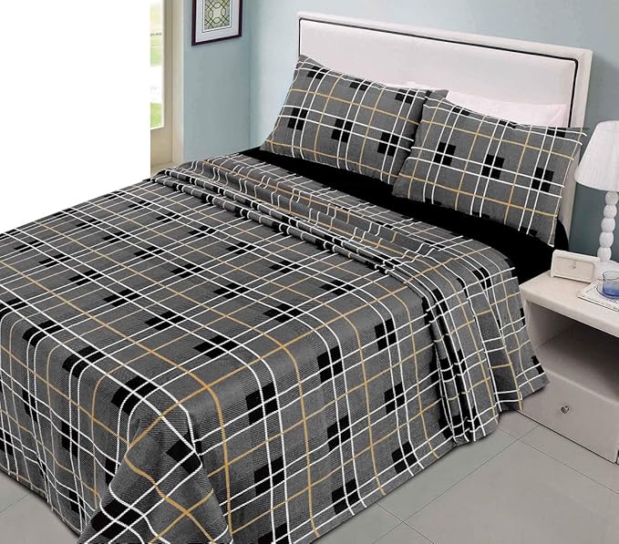 Tartan Checked Sheet Set 100% Brushed Cotton Flannelette Fitted Sheet Flat Sheet & Pillowcases Set