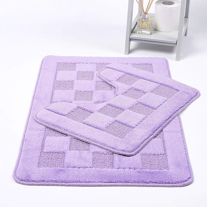 Squares 2 Piece Bath Mat & Pedestal Set Non Slip Extra Absorbent Square Bathroom Toilet Rug Bath Mats Set
