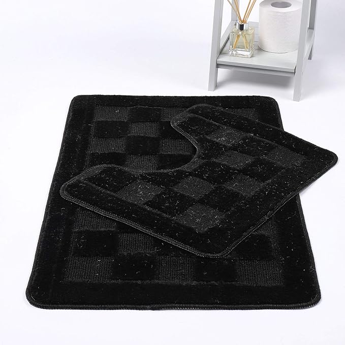 Squares 2 Piece Bath Mat & Pedestal Set Non Slip Extra Absorbent Square Bathroom Toilet Rug Bath Mats Set