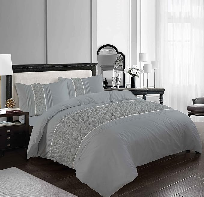 Luxury Bedding Ruffled Diamond Lace Sequence Aurora Easy Care Polycotton Duvet Cover Set