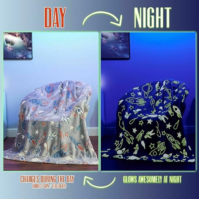 Fleece Blanket for Kids Galaxy Space Glow in the Dark Blanket Fluffy Fleece Throw Blanket (Space, 100 x 150cm)
