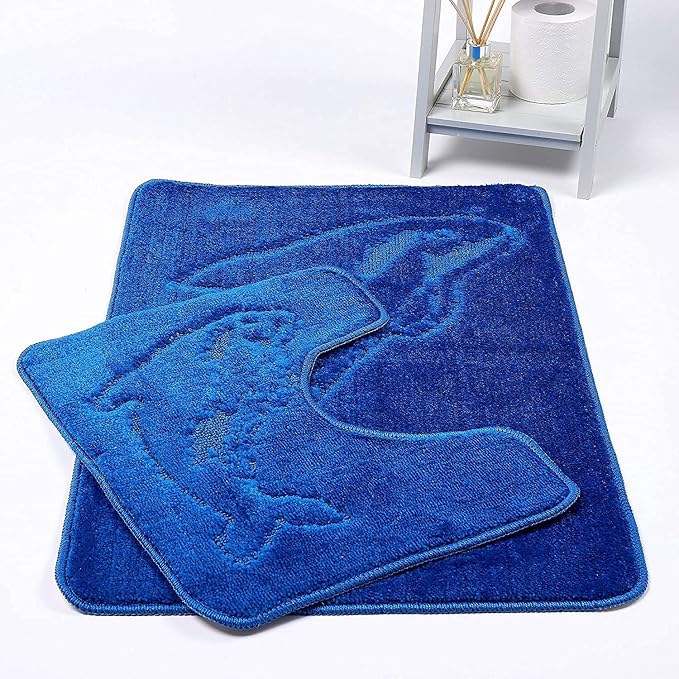 Dolphin Bath Mats Non Slip Bathroom Mats 2 Piece Pedestal and Bath Mat Set Toilet Bathroom Rug