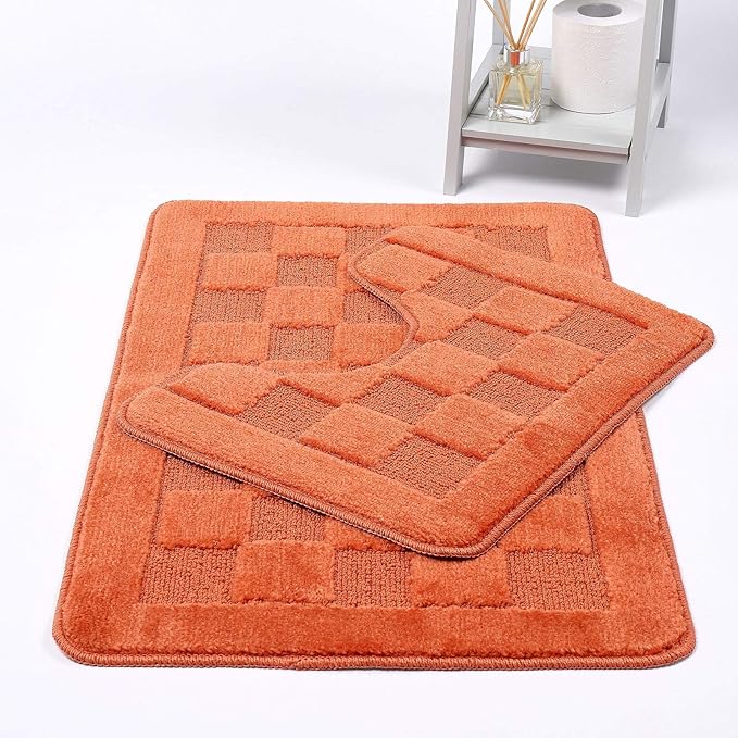 Squares 2 Piece Bath Mat & Pedestal Set Non Slip Extra Absorbent Square Bathroom Toilet Rug Bath Mats Set