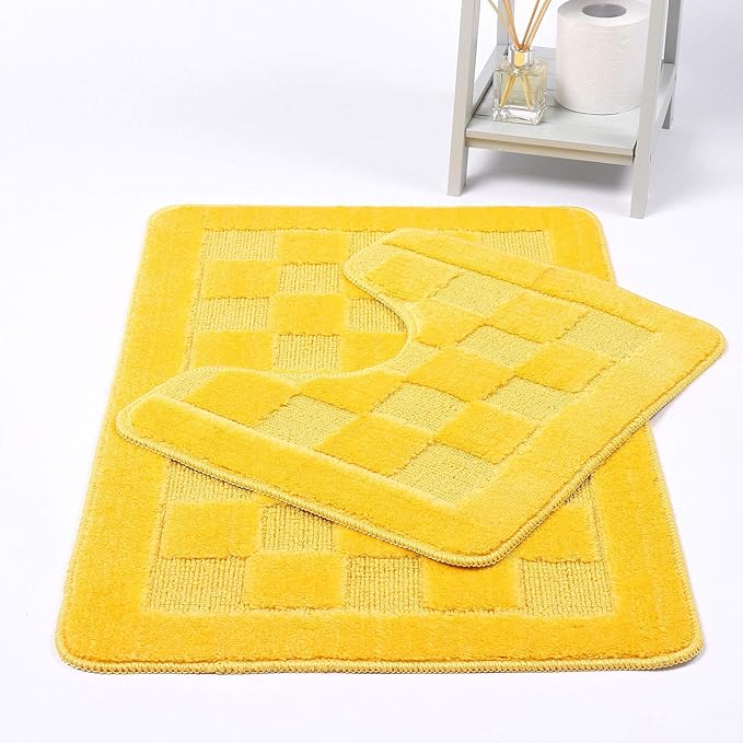 Squares 2 Piece Bath Mat & Pedestal Set Non Slip Extra Absorbent Square Bathroom Toilet Rug Bath Mats Set