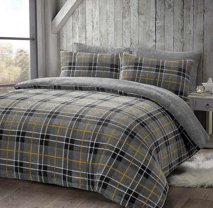 Teddy Bear Fleece Tartan Check Duvet Cover Soft Cosy Warm Checked Teddy Bear Bedding Set