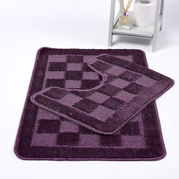 Squares 2 Piece Bath Mat & Pedestal Set Non Slip Extra Absorbent Square Bathroom Toilet Rug Bath Mats Set