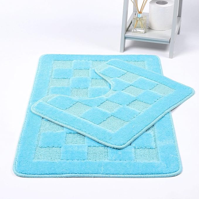 Squares 2 Piece Bath Mat & Pedestal Set Non Slip Extra Absorbent Square Bathroom Toilet Rug Bath Mats Set