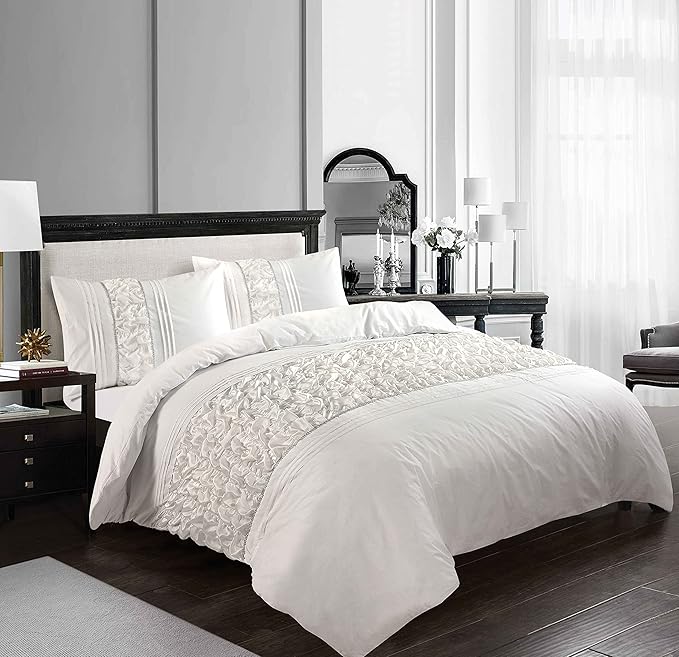 Luxury Bedding Ruffled Diamond Lace Sequence Aurora Easy Care Polycotton Duvet Cover Set