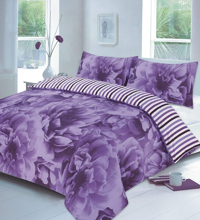 Rose Floral Reversible Stripes Duvet Cover Set Easy Care Printed Bedding Set