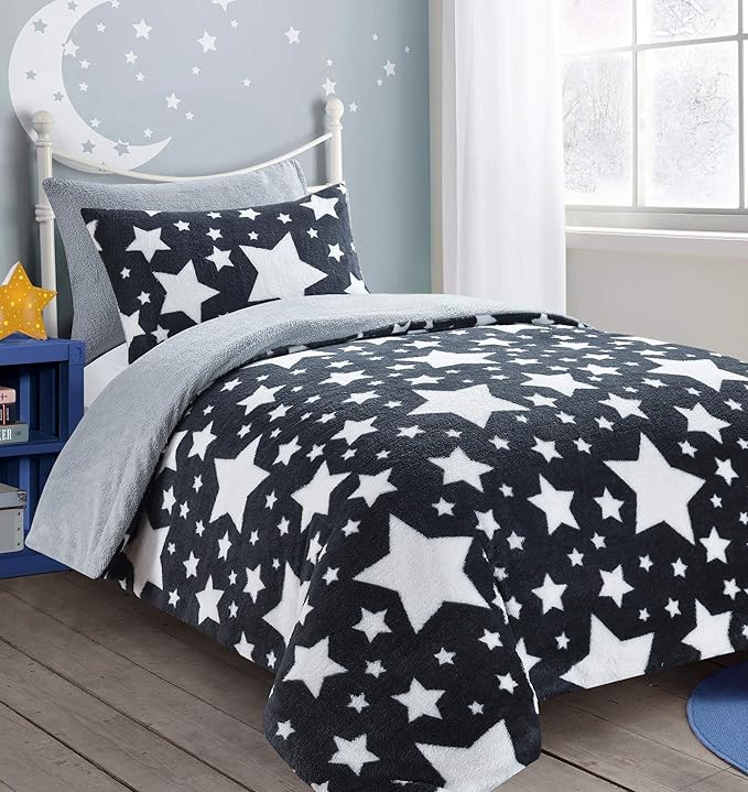 Teddy Star Fleece Duvet Cover Set Soft Cosy Warm Kids Star Teddy Bear Bedding Set